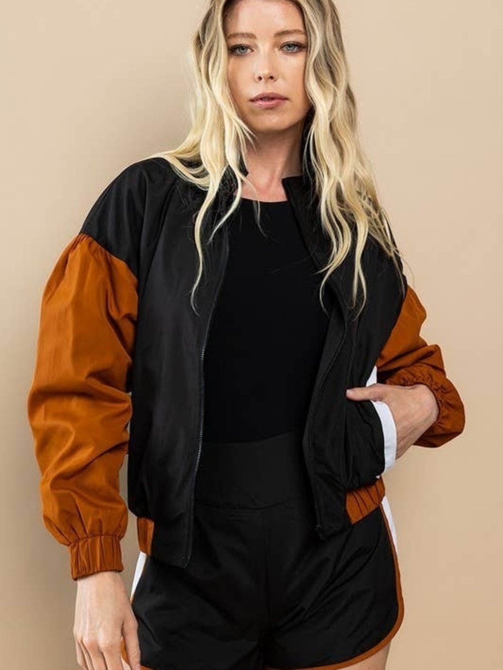 TCEC Black and Rust Colorblock Bomber Jacket